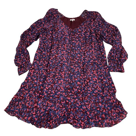 Parker Silk Viscose Button Front Mini Dress Blue Pink Lined Flowy Large Boho - Picture 2 of 14